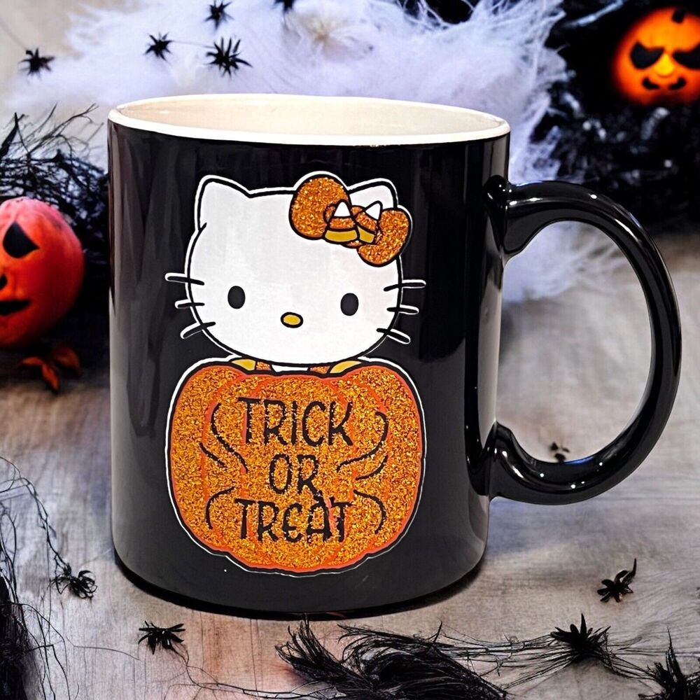 Sanrio Hello Kitty Halloween Black Glitter Pumpkin TRICK OR TREAT  Mug 20oz NEW